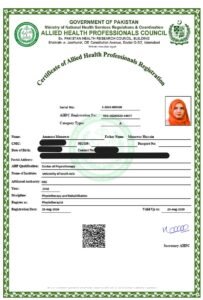 Certificate of allied health professionals Dr Ammara Physiotherapist